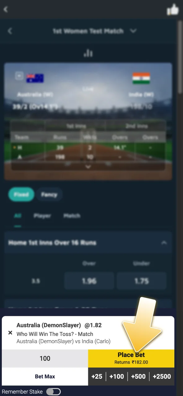 Tap the odds to add your cricket bet to the JeetWin slip.