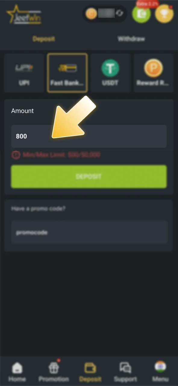 Enter your deposit amount on the JeetWin payment page.